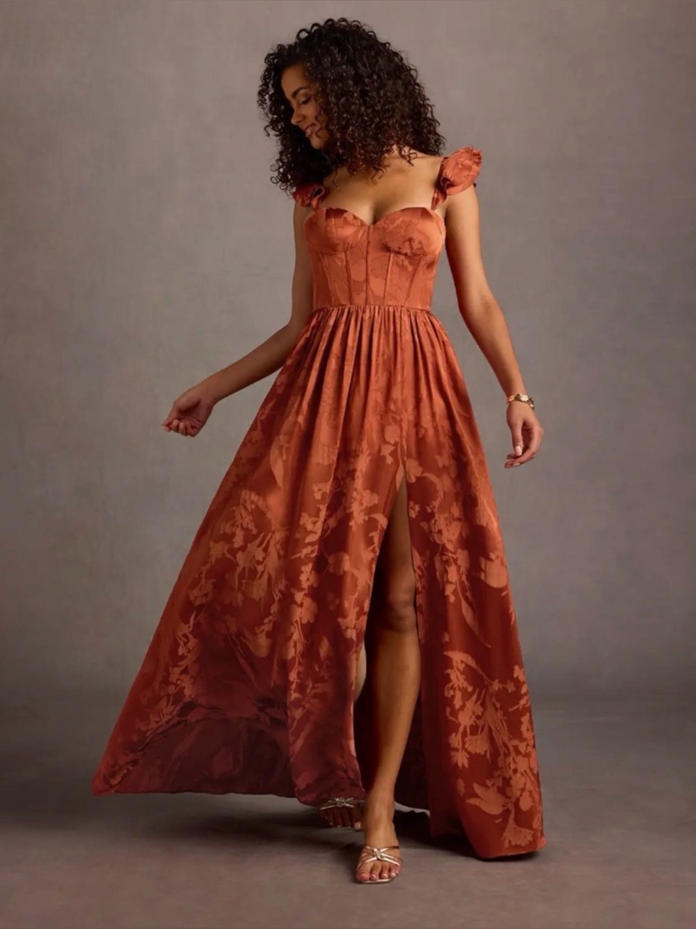 Azazie Atelier Jianna Rust Flutter Sleeves Maxi Dress - Autumn/Rust - Size 4